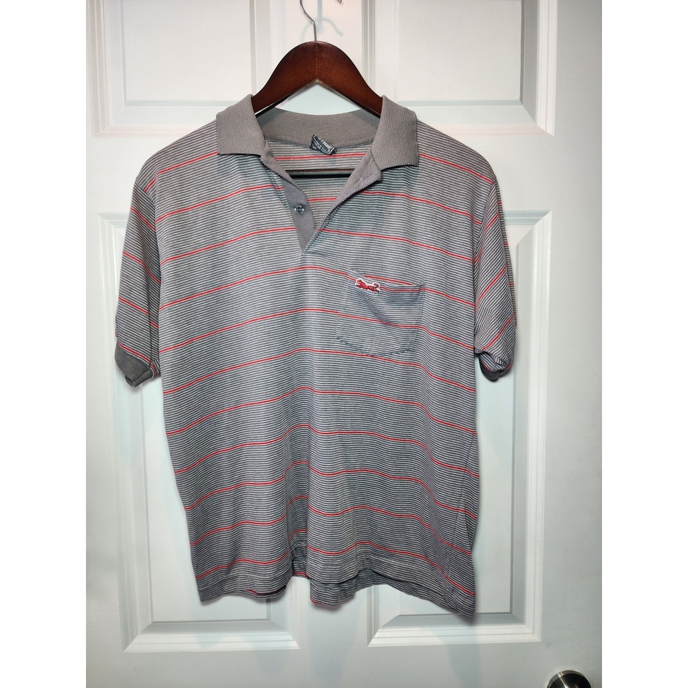 Vintage Le Tigre Mens Polo Shirt Large Grey Red Striped Pocket Made in USA
